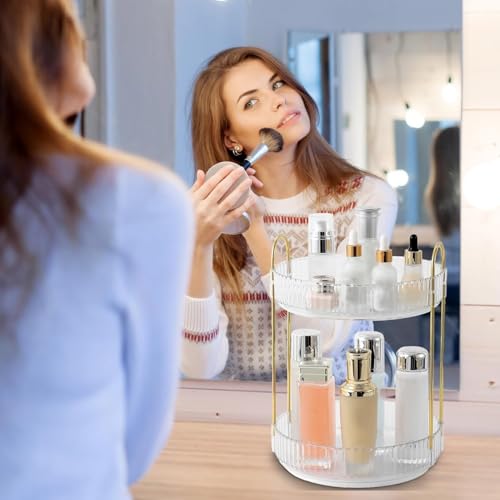INOVERA (LABEL) 360° Rotation Makeup Organizer for Women, Girls & Bride - Dressing Table Cosmetic Storage Case - Bathroom Vanity Skincare Holder Organiser (2 Tier, Transparent) - Image 5