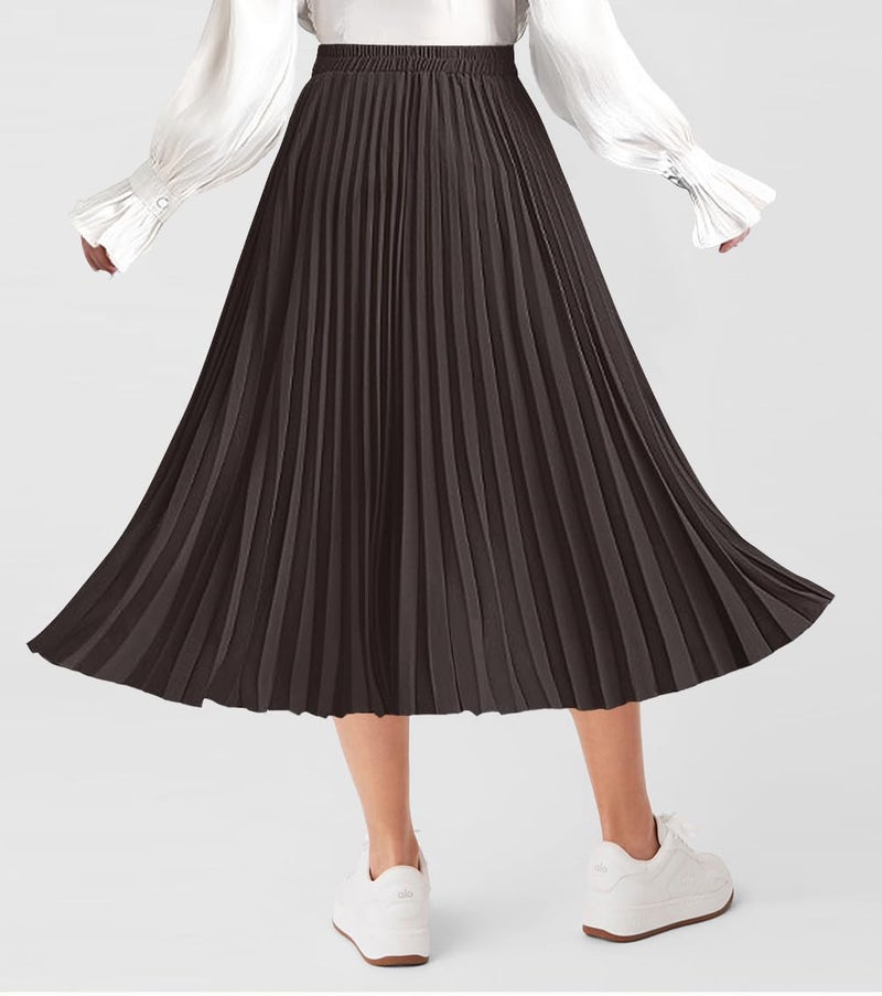Basoteeuo Pleated Skirts for Women Midi Length Trendy Summer High Waisted A Line Elastic Waist Long Ladies Skirt Coffee S - Image 5