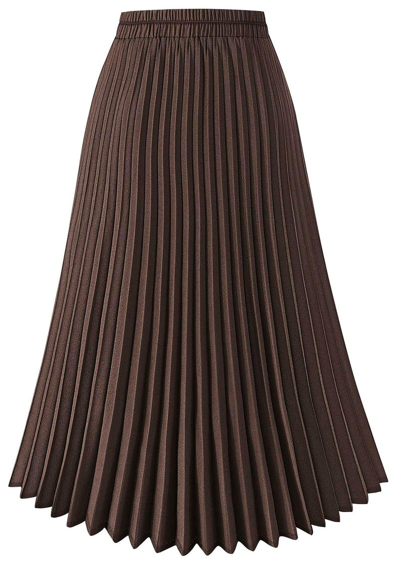 Basoteeuo Pleated Skirts for Women Midi Length Trendy Summer High Waisted A Line Elastic Waist Long Ladies Skirt Coffee S - Image 4