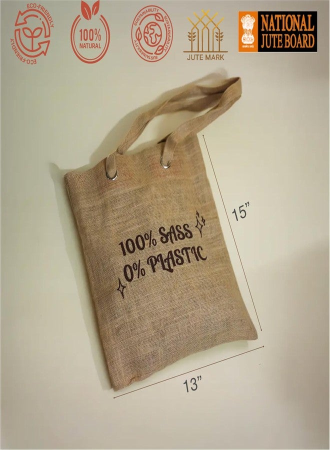 Jute Cottage Jute Tote Bag with Quotes | Reusable Carry Bag with Zipper | 15 x 13 Inch Sustainable Jute Carry Bag | Fun Eco Message Tote for Daily Use, Office & Grocery ("100% SASS 0% PLASTIC" (Natural)) - Image 5