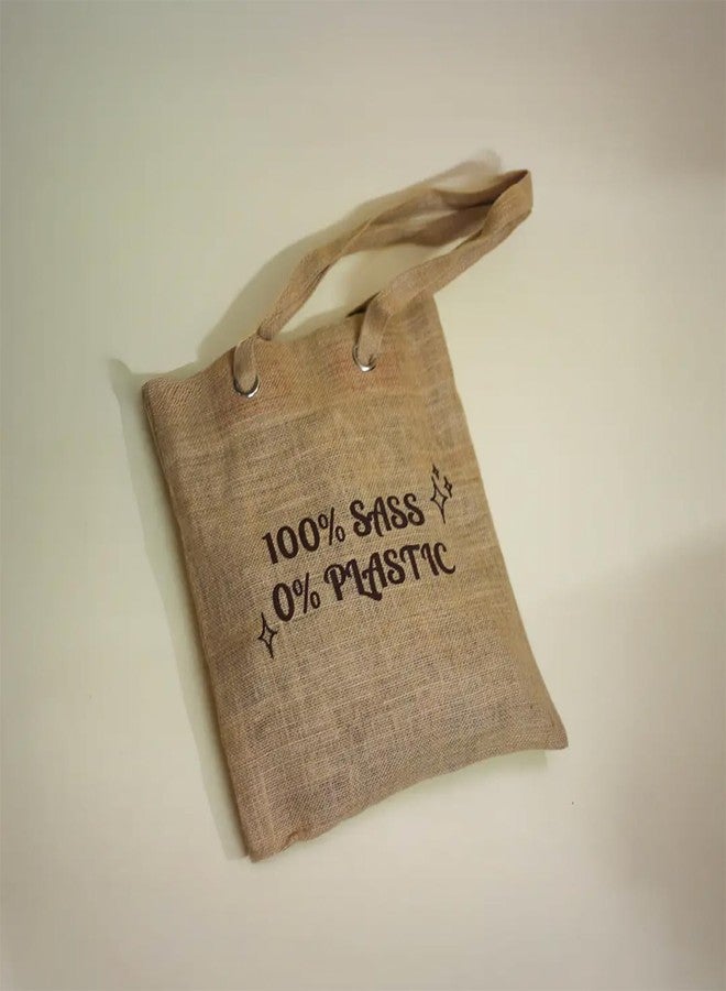 Jute Cottage Jute Tote Bag with Quotes | Reusable Carry Bag with Zipper | 15 x 13 Inch Sustainable Jute Carry Bag | Fun Eco Message Tote for Daily Use, Office & Grocery ("100% SASS 0% PLASTIC" (Natural)) - Image 4