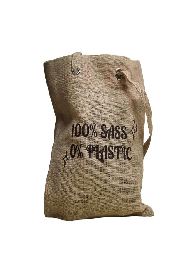 Jute Cottage Jute Tote Bag with Quotes | Reusable Carry Bag with Zipper | 15 x 13 Inch Sustainable Jute Carry Bag | Fun Eco Message Tote for Daily Use, Office & Grocery ("100% SASS 0% PLASTIC" (Natural)) - Image 1
