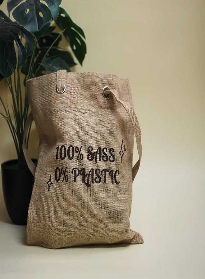Jute Cottage Jute Tote Bag with Quotes | Reusable Carry Bag with Zipper | 15 x 13 Inch Sustainable Jute Carry Bag | Fun Eco Message Tote for Daily Use, Office & Grocery ("100% SASS 0% PLASTIC" (Natural)) - Image 3