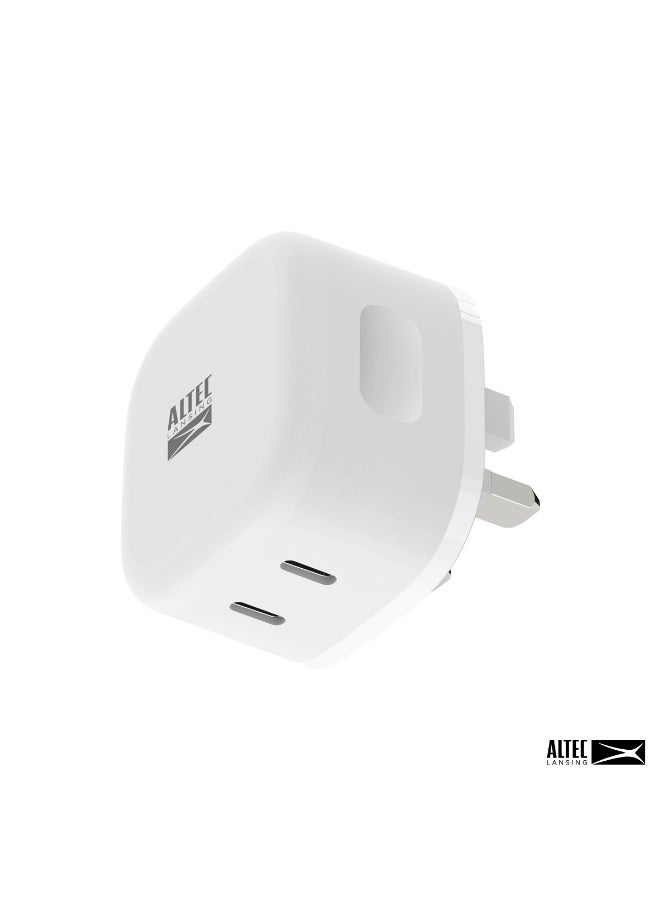 Altec Lansing 45W Dual USB-C Wall Charger, 2-in-1 Power Delivery (PD) Fast Charging Adapter, Compact UK 3-Pin Power Plug for iPhone, iPad, AirPods, Apple Watch, Samsung & All Type-C Devices – White - Image 1