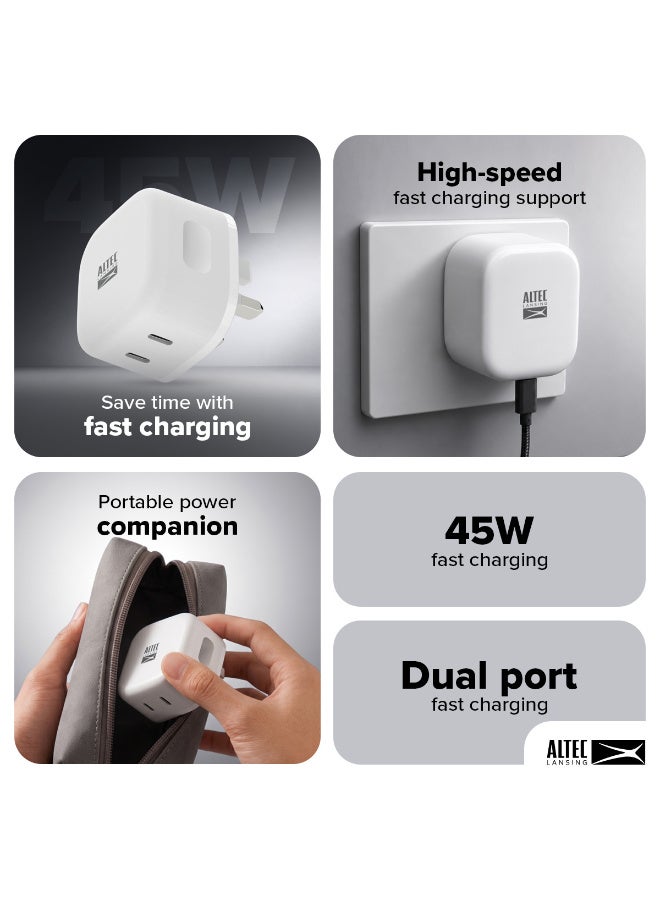 Altec Lansing 45W Dual USB-C Wall Charger, 2-in-1 Power Delivery (PD) Fast Charging Adapter, Compact UK 3-Pin Power Plug for iPhone, iPad, AirPods, Apple Watch, Samsung & All Type-C Devices – White - Image 2