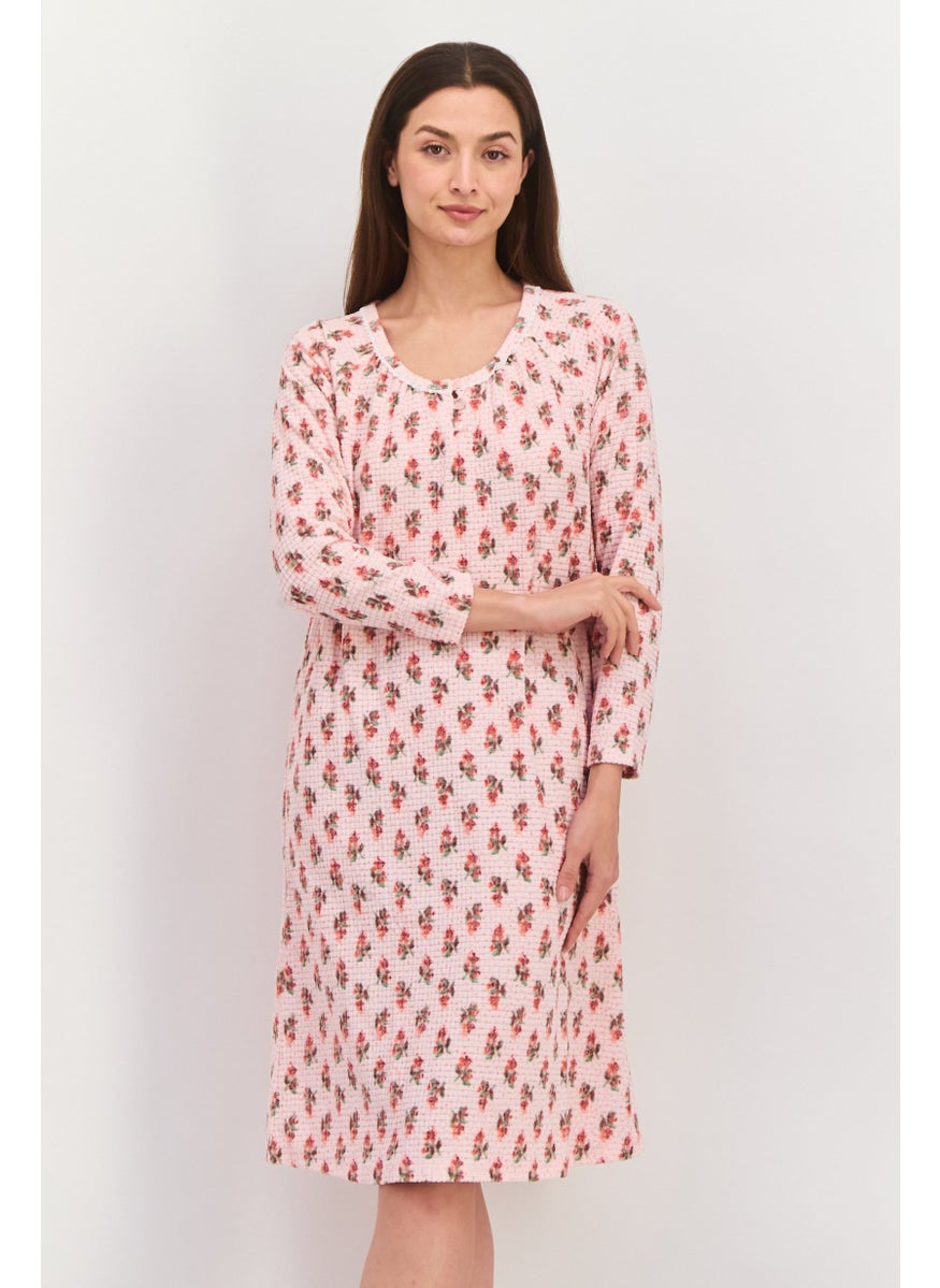 Carole Hochman - Women Printed long Sleeves Long Pajama Dress, Pink Combo - Image 1