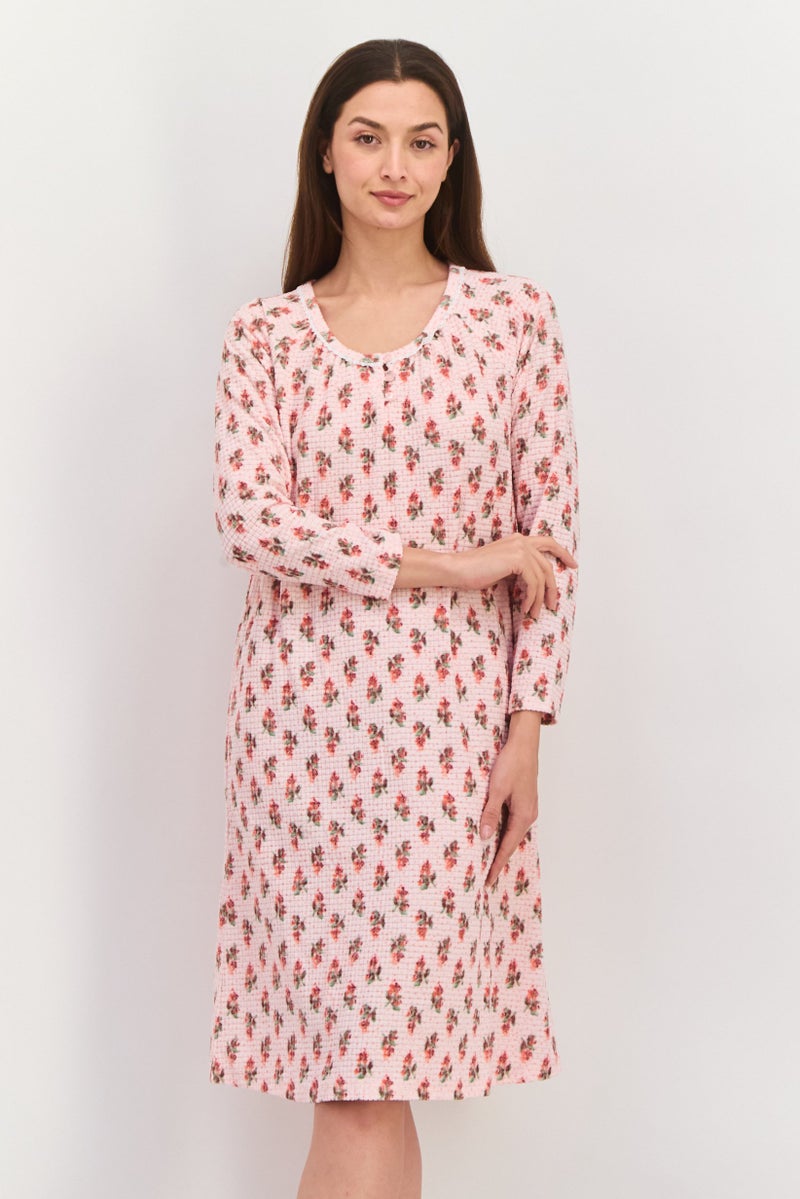 Carole Hochman فستان بيجاما طويل بأكمام طويلة مطبوعة للنساء، مجموعة وردية - Image 2