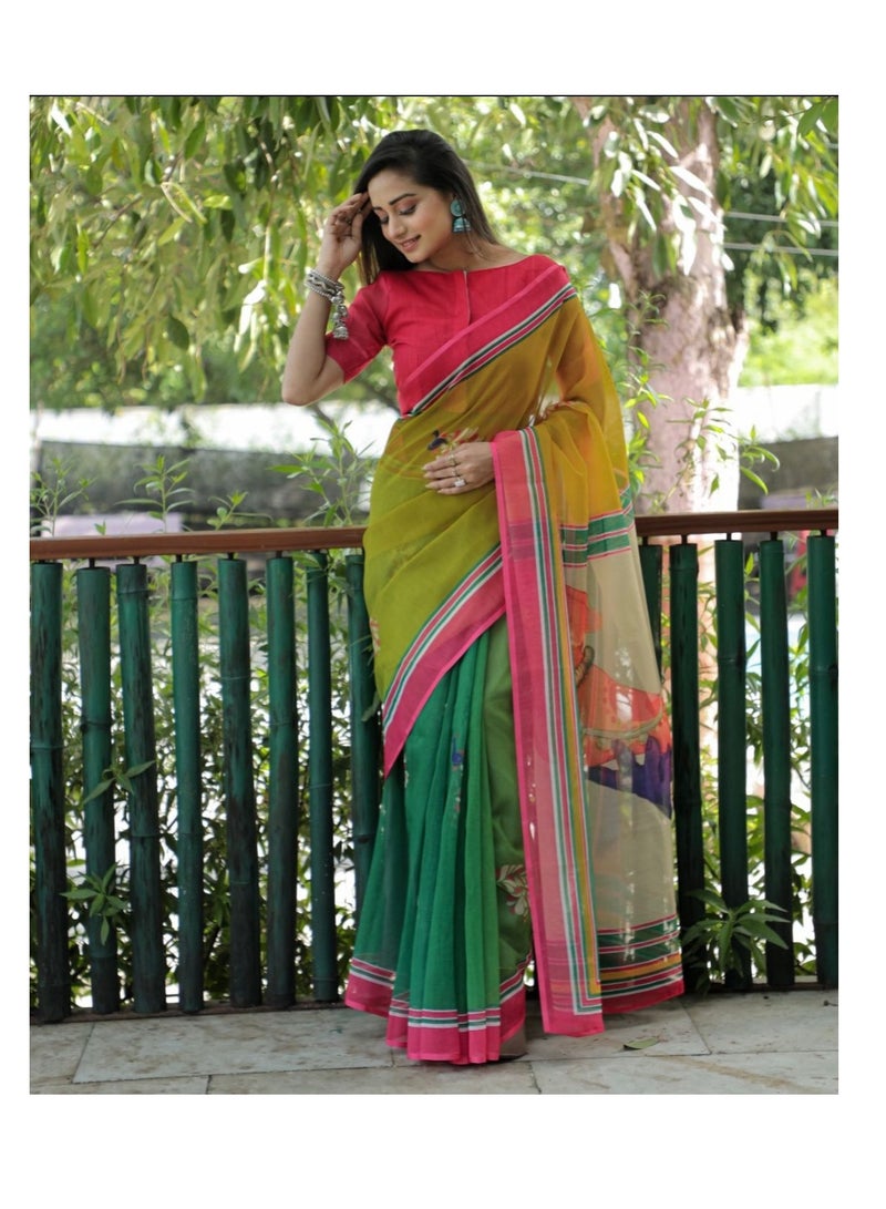 Grab Mantra Green Cotton Saree With Pink Printed Border And Traditional Print On Pallu With Unstitched Blouse  - Image 2