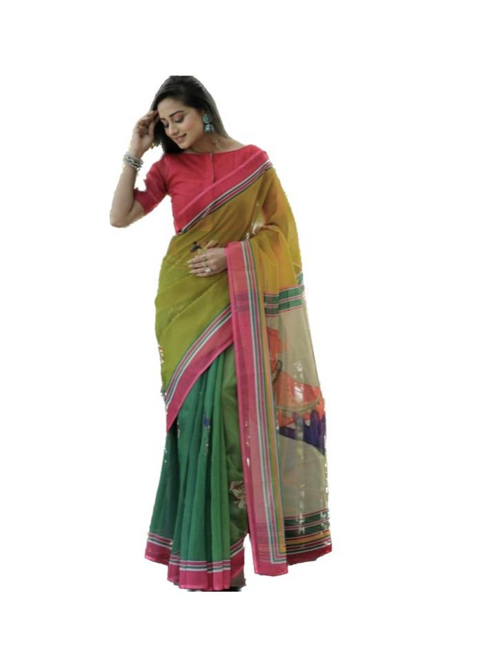 Grab Mantra Green Cotton Saree With Pink Printed Border And Traditional Print On Pallu With Unstitched Blouse  - Image 1