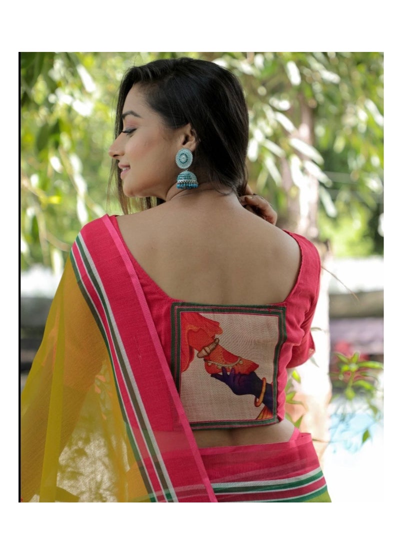 Grab Mantra Green Cotton Saree With Pink Printed Border And Traditional Print On Pallu With Unstitched Blouse  - Image 3