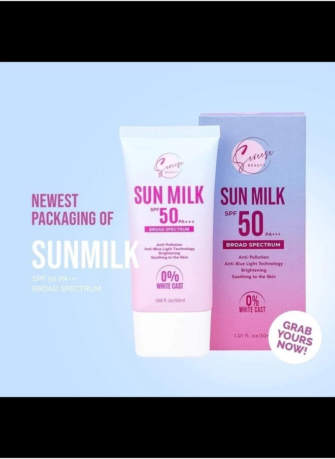 Sereese BEAUTY Sun Milk SPF 50 PA+++ Broad Spectrum Facial Sunscreen, UVA/UVB Protection with Niacinamide, Centella Asiatica, Hyaluronic Acid, and Aloe Vera, 30ml 