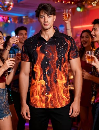 ALISISTER Hawaiian Shirt Mens Vacation Shirts Button-Down Blouse Cool Red Fire Beach Tropical Swimwear Vacation Holiday Large - Image 3