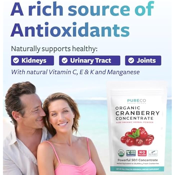 PURE CO USDA Organic Cranberry Concentrate Powder - Organic Cranberry Powder 500mg 50:1 Extract Per 1 Scoop Serving - Kidney Cleanse & Urinary Tract Support for Women - 100 Servings - Image 2