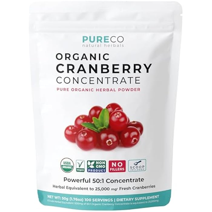 PURE CO USDA Organic Cranberry Concentrate Powder - Organic Cranberry Powder 500mg 50:1 Extract Per 1 Scoop Serving - Kidney Cleanse & Urinary Tract Support for Women - 100 Servings - Image 1