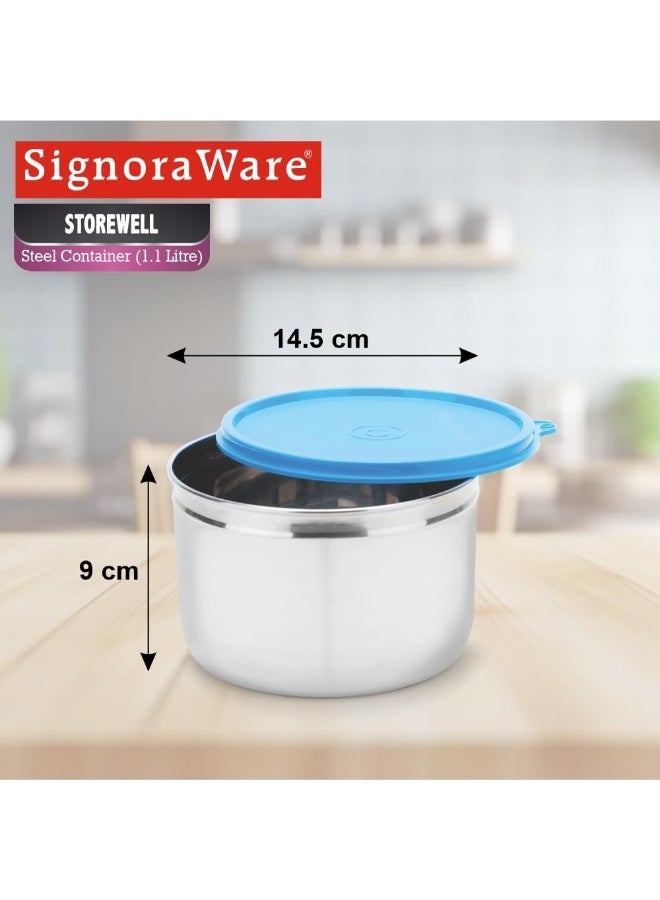 Signoraware Store Well Stainless Steel Food Storage Container tall and sleek designed for easy storage with tight seal easy removable Lid (1.1L, Blue) - Image 2