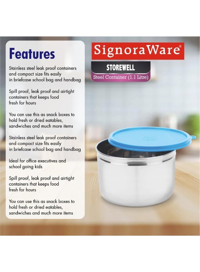 Signoraware Store Well Stainless Steel Food Storage Container tall and sleek designed for easy storage with tight seal easy removable Lid (1.1L, Blue) - Image 5
