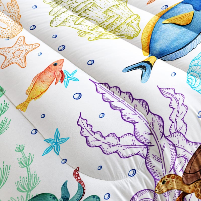 XYNHML Turtle Comforter Set Twin Ocean Watercolor Sea Turtle Bedding Set Tropical Fish Marine Life Bed Set with 2 Pillowcases for Kids Room Decor - Image 4
