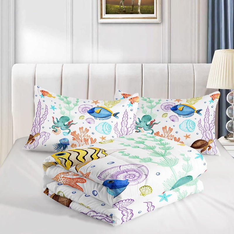 XYNHML Turtle Comforter Set Twin Ocean Watercolor Sea Turtle Bedding Set Tropical Fish Marine Life Bed Set with 2 Pillowcases for Kids Room Decor - Image 5