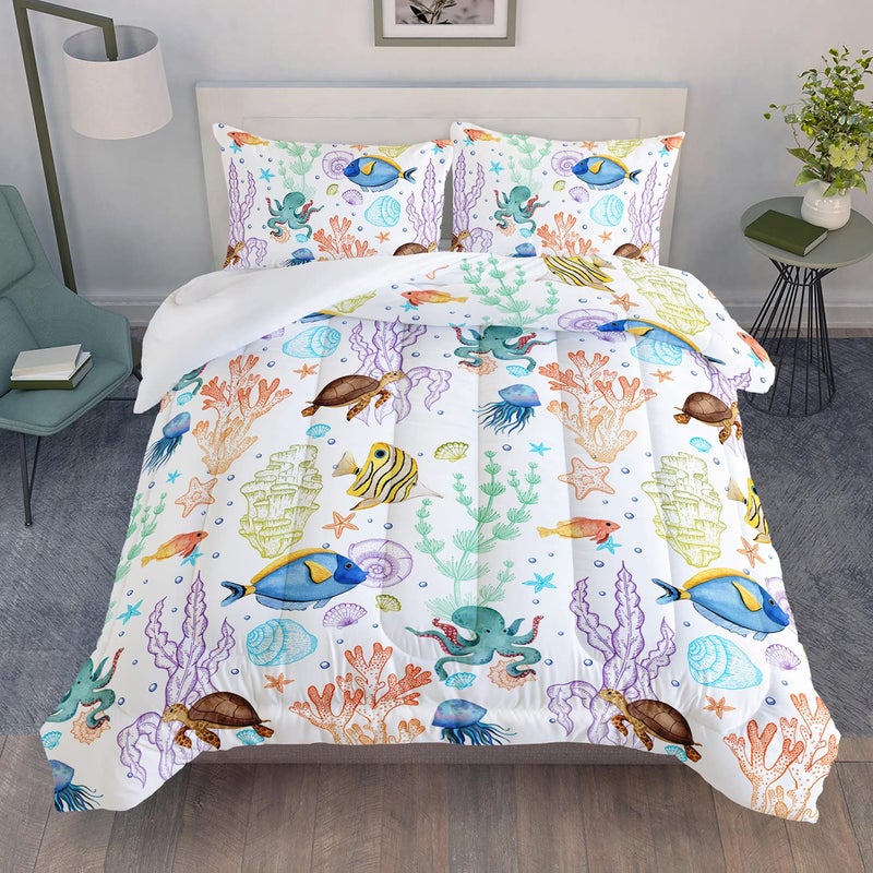 XYNHML Turtle Comforter Set Twin Ocean Watercolor Sea Turtle Bedding Set Tropical Fish Marine Life Bed Set with 2 Pillowcases for Kids Room Decor - Image 3