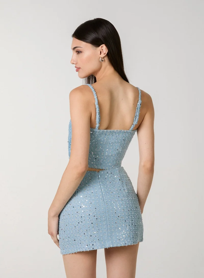 بينك فانيلا Sequin Embellished Denim Top