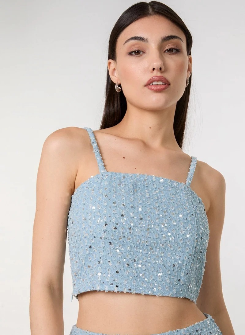 بينك فانيلا Sequin Embellished Denim Top