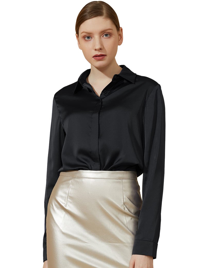Escalier Womens Satin Silk Long Sleeve Button Down Shirt Casual Work Office Silky Blouse Top Black XLarge