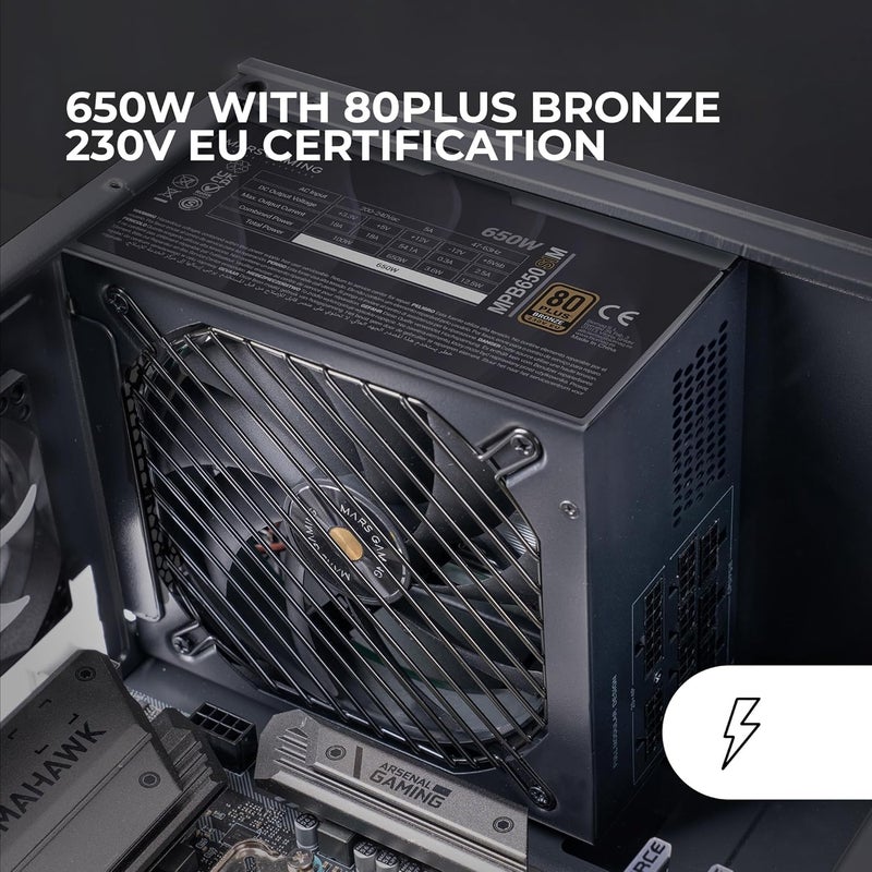 MARS GAMING MPB650SIM, Full Modular ATX 650W Power Supply, 7 Years Warranty, 80Plus Bronze 230V EU, SI 120mm Fan, AI2-RPM Technology, DC-DC and SMD, Japanese Capacitors 105 °C, Black - Image 3
