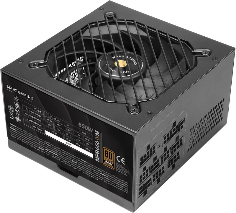 MARS GAMING MPB650SIM, Full Modular ATX 650W Power Supply, 7 Years Warranty, 80Plus Bronze 230V EU, SI 120mm Fan, AI2-RPM Technology, DC-DC and SMD, Japanese Capacitors 105 °C, Black - Image 1