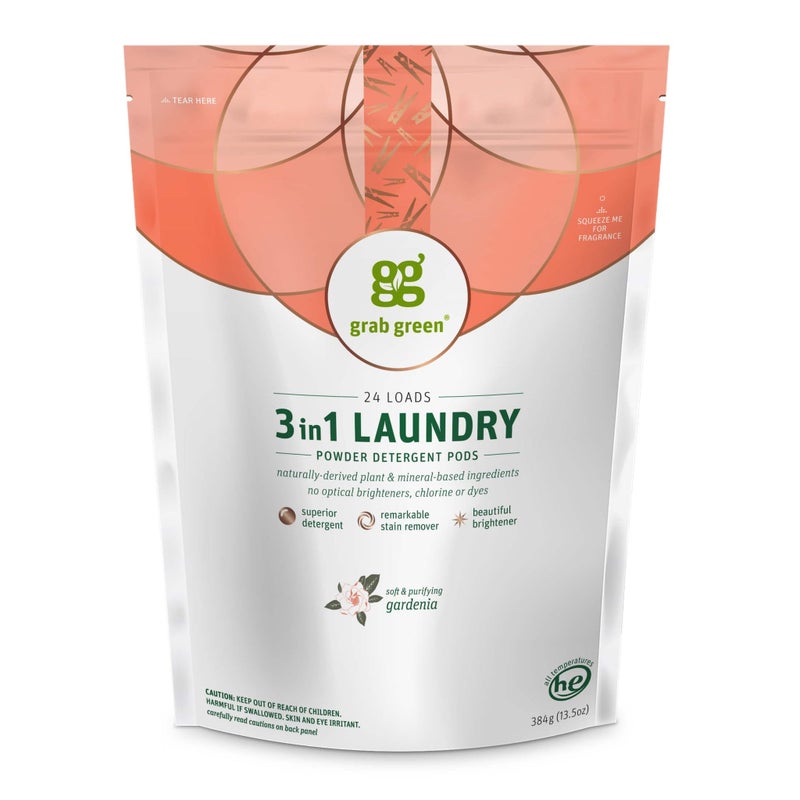 Grab Green 3in1 Laundry Detergent Pods 24 Count Gardenia Scent Plant and Mineral Based Superior Cleaning Power Stain Remover Brightens Clothes