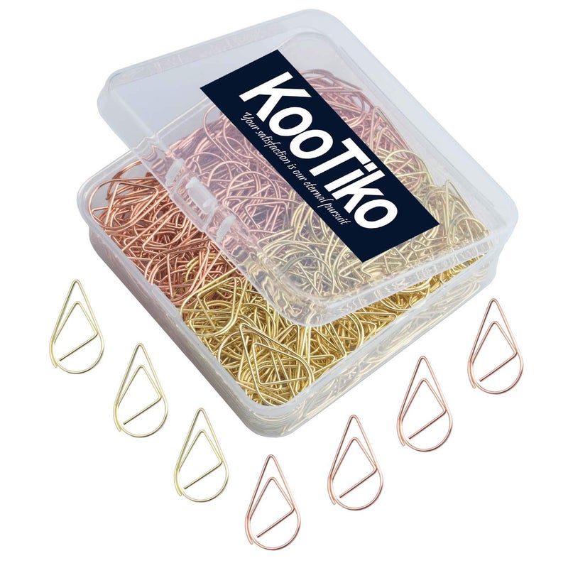 kootiko Gold and Rose Gold Cute Paper Clips Set, 300 Pcs Smooth Stainless Steel Tear-Shaped Wire Paperclips Small for Office Supplies Wedding Women Girls Kids Students Paper Document Organizing - Image 1