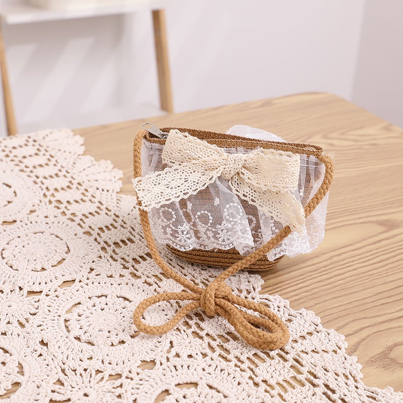 Kids Summer Lace Wide Brim Straw Hat with Breathable Ribbon  Bow Beige bag  - Image 5