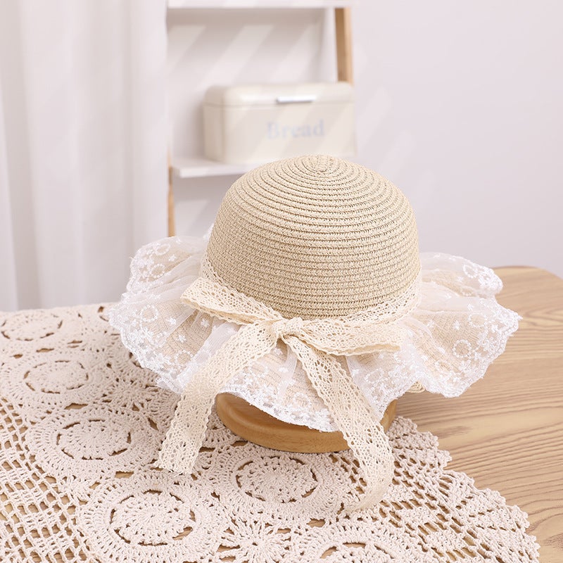 Kids Summer Lace Wide Brim Straw Hat with Breathable Ribbon  Bow Beige bag  - Image 2