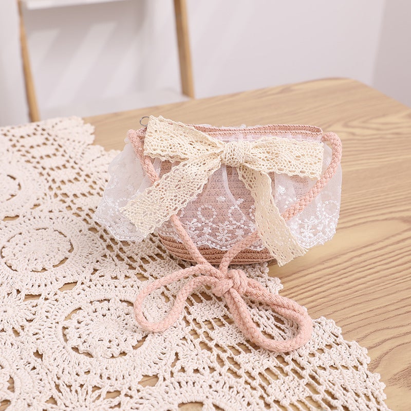 Kids Summer Lace Wide Brim Straw Hat with Breathable Ribbon  Bow Beige bag  - Image 3