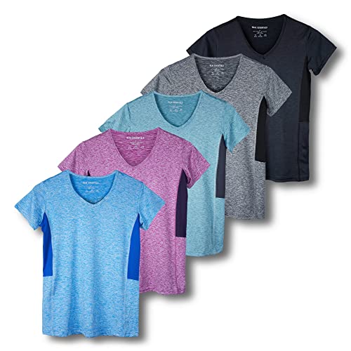 REALESSENTIALS Real Essentials 5 Pack: Women's Dry Fit Short Sleeve V Neck Workout Top - Fitness Pilates Gym Athletic Yoga T-Shirt (Plus Available), Set 4, XL - Image 1