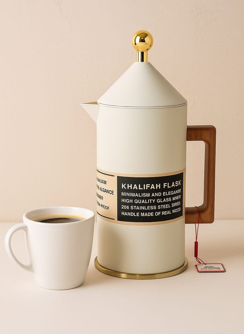 GAZELLA Stainless Steel Tea/Coffee Flask 1.0 Liter White/Gold, 304 Stainless Steel, Borosilicate Glass & Triple Wall Vacuum.