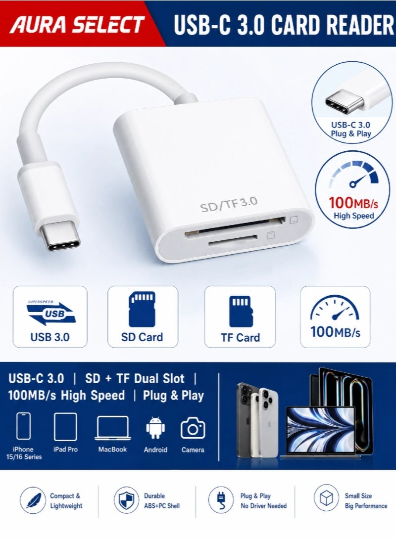 Aura Select Memory Card Readers for iPhone 15/16 iPad Pro Camera,USB-C 3.0 , 100MB/s High fast, Dual Card Slot Memory Card Reader Supports SD& TF Card Trail Camera Viewer Sd Card Adapter Portable Micro Sd Card Reader Plug&Play - Image 1