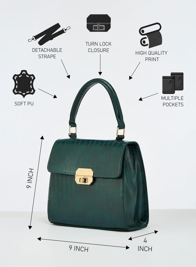 Fargo Dynasty Green Croco Handbag for Women | Vegan Leather with RFID Pockets, Turn Lock Closure, Adjustable Dual Handles | Stylish Office, Casual & Travel Bag | Made in India - Image 4
