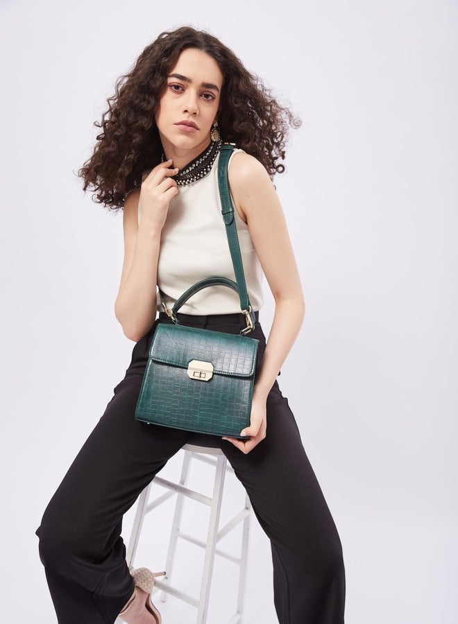 Fargo Dynasty Green Croco Handbag for Women | Vegan Leather with RFID Pockets, Turn Lock Closure, Adjustable Dual Handles | Stylish Office, Casual & Travel Bag | Made in India - Image 3