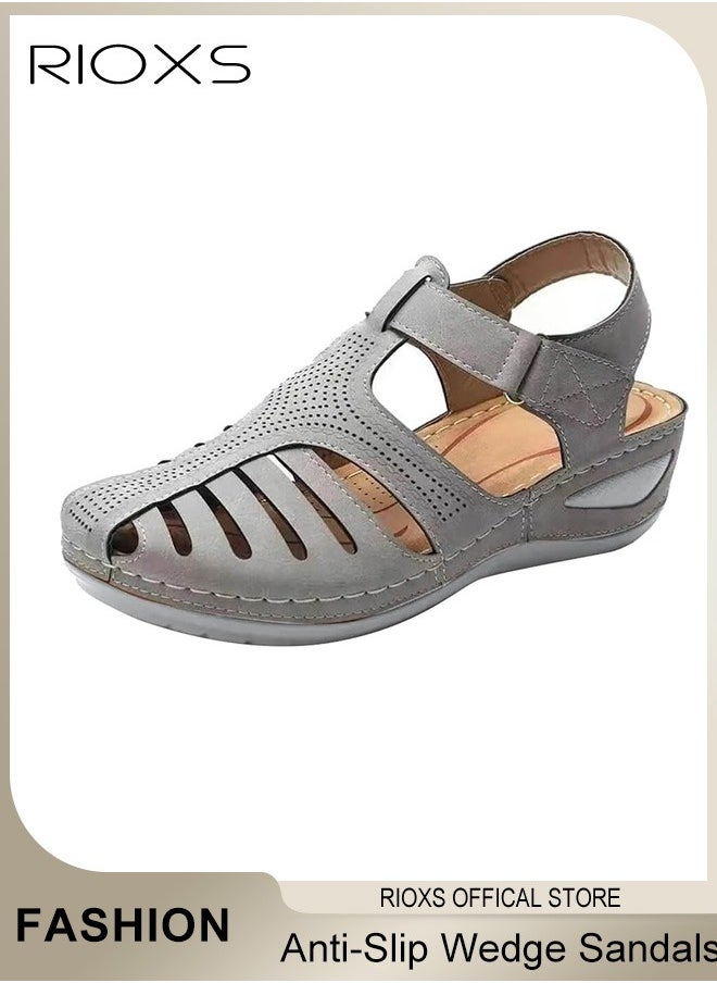 RIOXS - Women's Hollow Roman Wedge Sandals Round Open Toe Sandals Summer Comfortable Buckle Sandals - Image 1