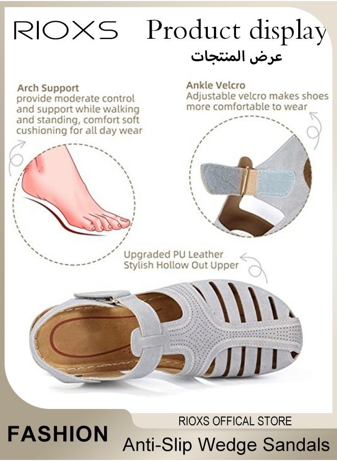 RIOXS - Women's Hollow Roman Wedge Sandals Round Open Toe Sandals Summer Comfortable Buckle Sandals - Image 1