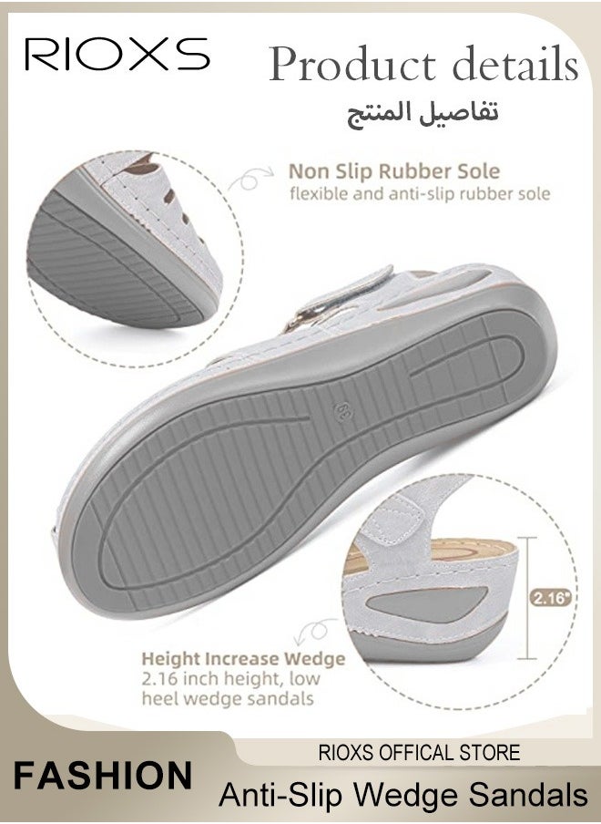 RIOXS - Women's Hollow Roman Wedge Sandals Round Open Toe Sandals Summer Comfortable Buckle Sandals - Image 1