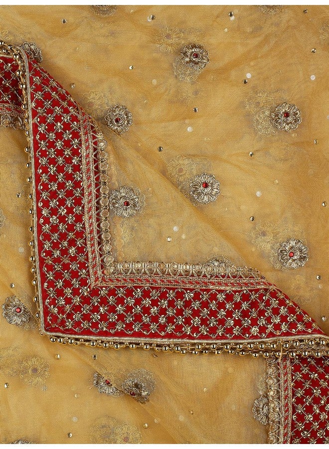 دوباتا بازار للنساء من شبكة الزفاف المطرزة باللون الذهبي مع حافة حمراء - Image 3