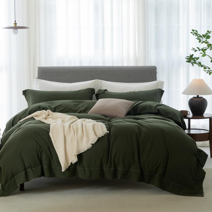COOLING KING DUVET COVER SET 3 PIECES100 WASHED COTTON WITH CHIC WIDE TRIM DESIGN LINEN LIKE TEXTURED ULTRA SOFT COZY BEDDING WITH ZIPPER CLOSUREHEMMED OLIVE GREENKING 104X90