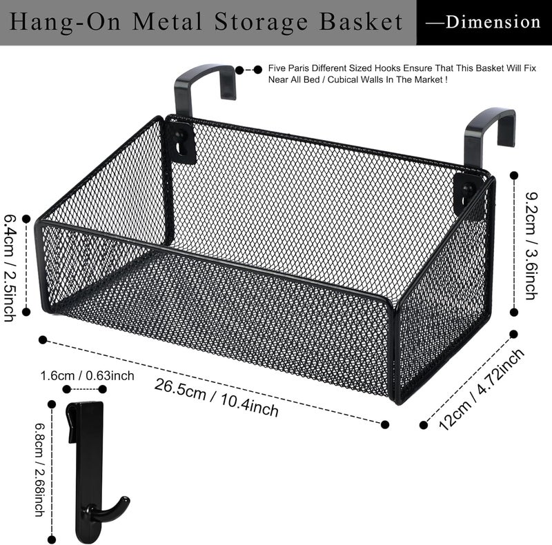 JDYOOMI Bedside Caddy Shelf Hanging Storage Basket for Bunk Bed, Office Cubical Walls, Baby Rails, College Dorm Organizer - 5 Pairs Sized Hooks for Phone, Glass, Magazine, Decor (Black) - Image 2