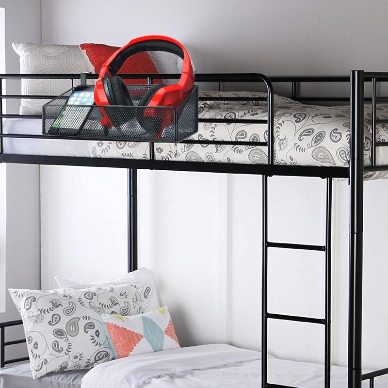 JDYOOMI Bedside Caddy Shelf Hanging Storage Basket for Bunk Bed, Office Cubical Walls, Baby Rails, College Dorm Organizer - 5 Pairs Sized Hooks for Phone, Glass, Magazine, Decor (Black) - Image 5
