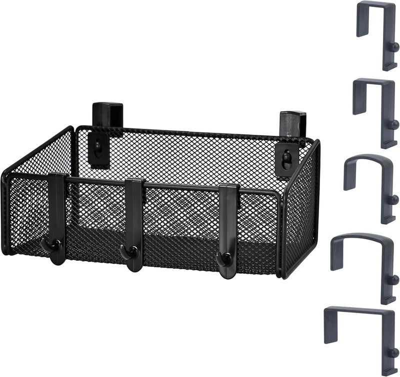 JDYOOMI Bedside Caddy Shelf Hanging Storage Basket for Bunk Bed, Office Cubical Walls, Baby Rails, College Dorm Organizer - 5 Pairs Sized Hooks for Phone, Glass, Magazine, Decor (Black) - Image 1