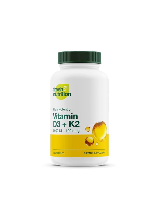 Fresh Nutrition Vegan Vitamin D3 + K2 Capsules - 5000 IU D3 + 100mcg K2 as MK-7 for Optimal Absorption - Immune Health, Bone Health, Mood - Non GMO - 90 Capsules, 3 Month Supply - Image 1