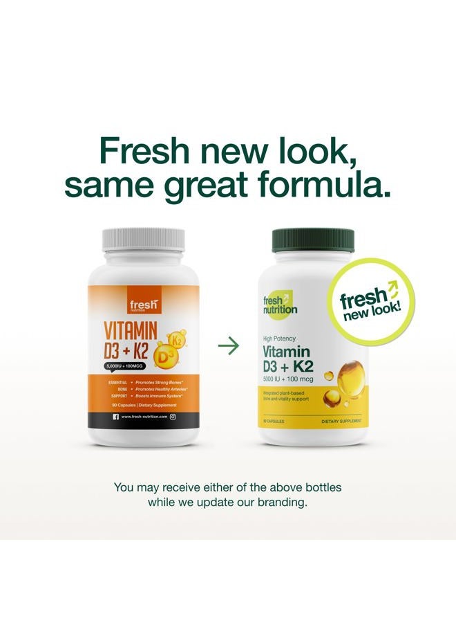 Fresh Nutrition Vegan Vitamin D3 + K2 Capsules - 5000 IU D3 + 100mcg K2 as MK-7 for Optimal Absorption - Immune Health, Bone Health, Mood - Non GMO - 90 Capsules, 3 Month Supply - Image 2