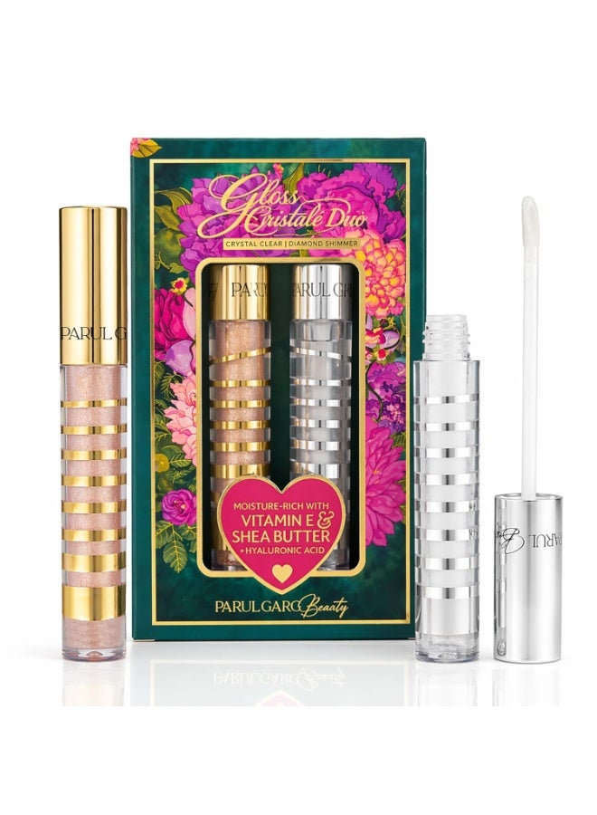 Parul Garg Beauty Gloss Cristale Duo Lip Gloss Set | Clear & Diamond Shimmer | Hydrating Non-Sticky High Shine Lip Gloss with Vitamin E & Hyaluronic Acid for Fuller Looking Lips (Pack of 2) - Image 1