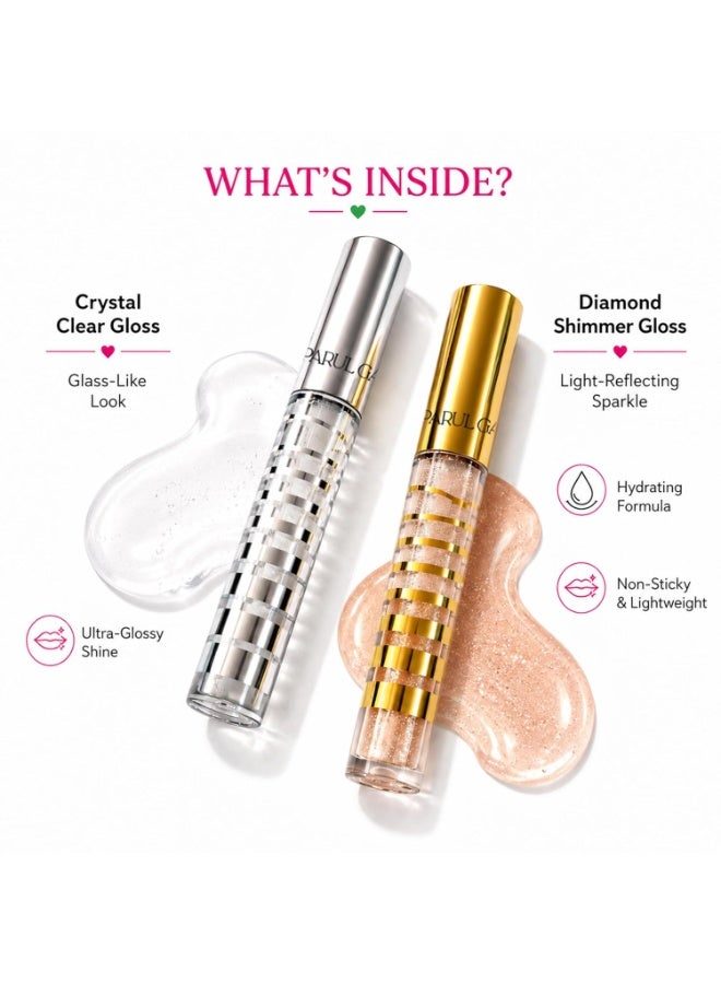 Parul Garg Beauty Gloss Cristale Duo Lip Gloss Set | Clear & Diamond Shimmer | Hydrating Non-Sticky High Shine Lip Gloss with Vitamin E & Hyaluronic Acid for Fuller Looking Lips (Pack of 2) - Image 3